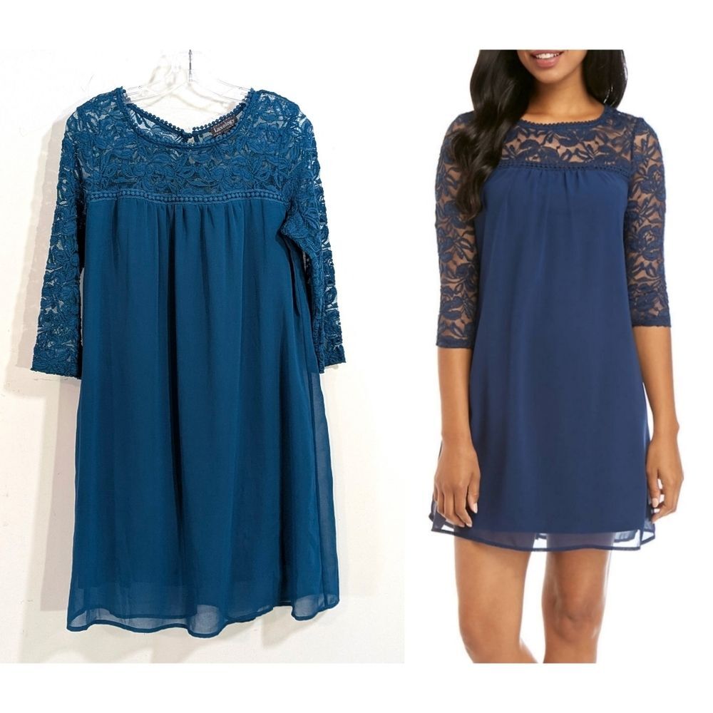 Luxology 3/4 Sleeve Lace Yoke Mini Dress - Teal Blue Green - Size 10 Womens